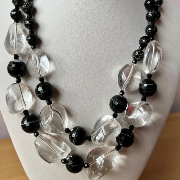 HUGE VINTAGE ROCK CRYSTAL & BANDED AGATE FACETED BEADS LONG CUSTOM MADE NECKLACE
